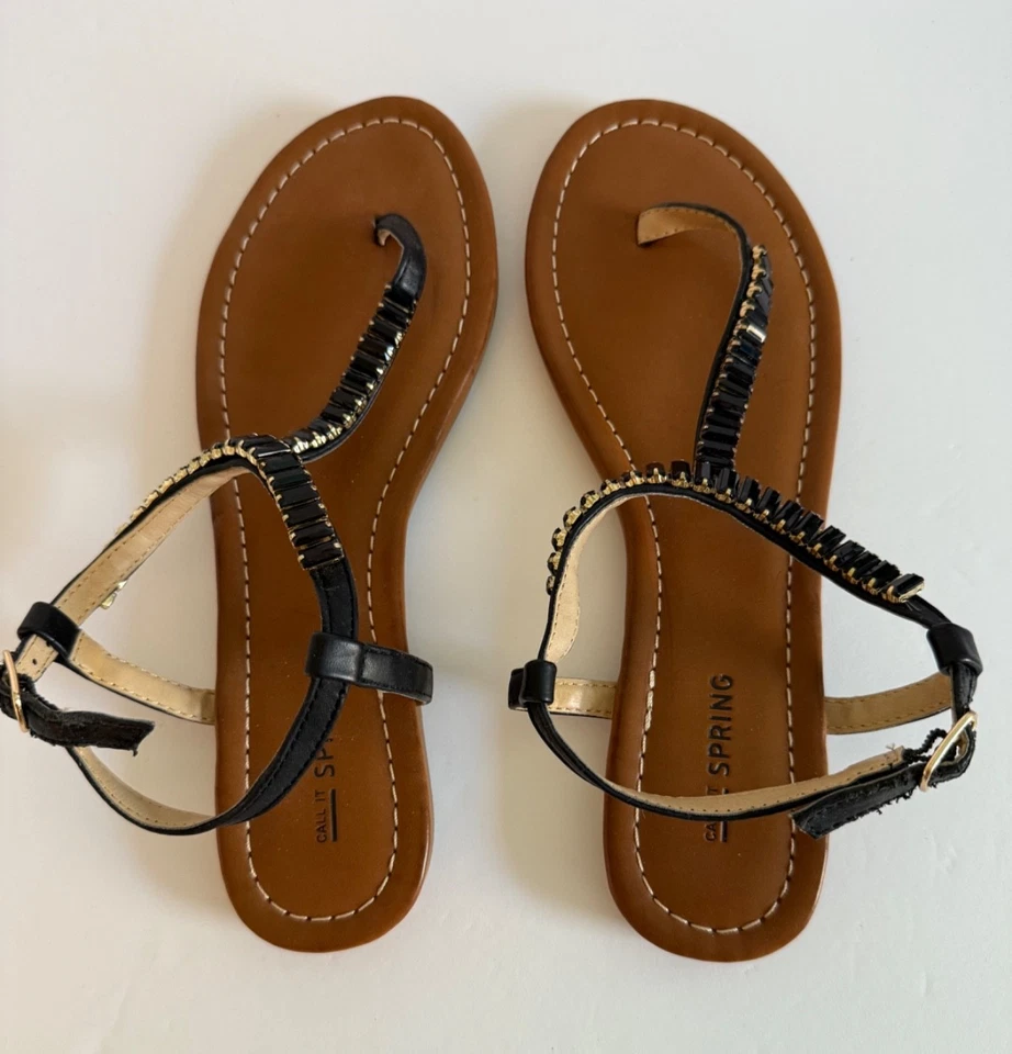Call It Spring Thong Sandals Womens 9 Black Rhinestone Embellished Studs New - Image 2 of 4