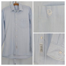 Christian Dior Vintage 70s Blue Pinstripe Dress Shirt Spread Collar 40" Mod