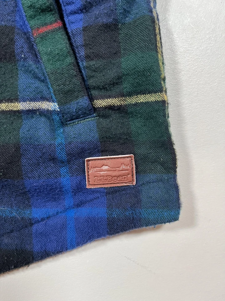 LL Bean Jacket Medium Blue Green Plaid Flannel Hooded Full Zip Relaxed Fit - Image 4 of 4