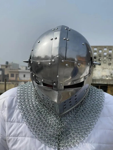 Casco gótico caballero medieval casco armadura de acero con cota de malla casco LARP - Imagen 4 de 7