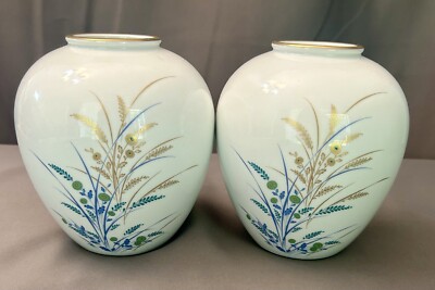 Noritake Hand Painted Porcelain Vase-White w/Floral Pattern & Gold Rim Set of 2