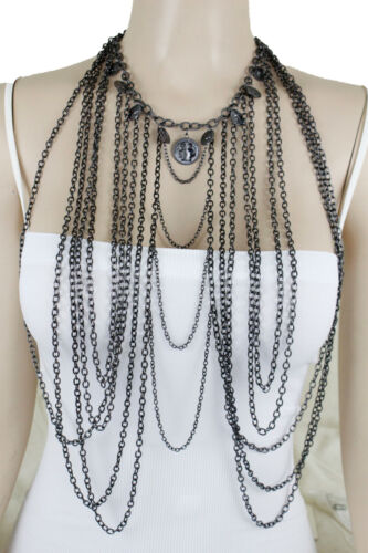 Feroce lungo colore peltro metallo corpo catena gioielli moda collana monete orecchini - Foto 9 di 12