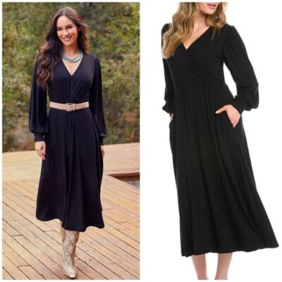karen kane midi jersey dress New Long Sleeve Artisan Black Stretch Sz XS modest wear