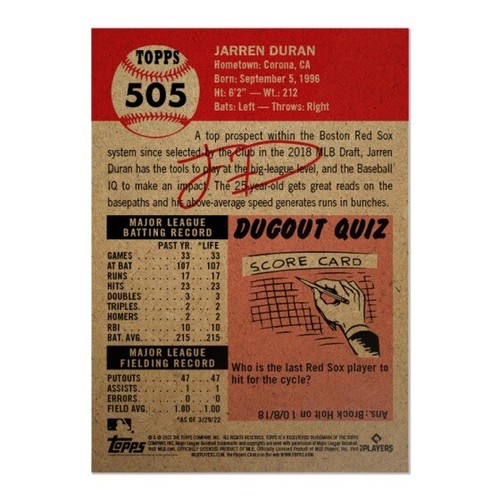 Topps MLB® Living Set® Card #505 ⚾️ Jarren Duran RC ⚾️ Boston Red Sox 🧦 - Picture 2 of 2