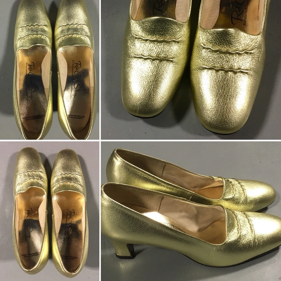 Zapatos Vintage Cruz Roja Cuero Dorado Superior Metálico Mod 6 1/2 A/AAA Foto 3 de 4