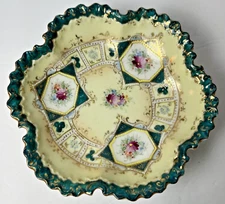 Vintage Hand Painted Footed Bowl Green Gold Flowers 7" Ribbon Edge