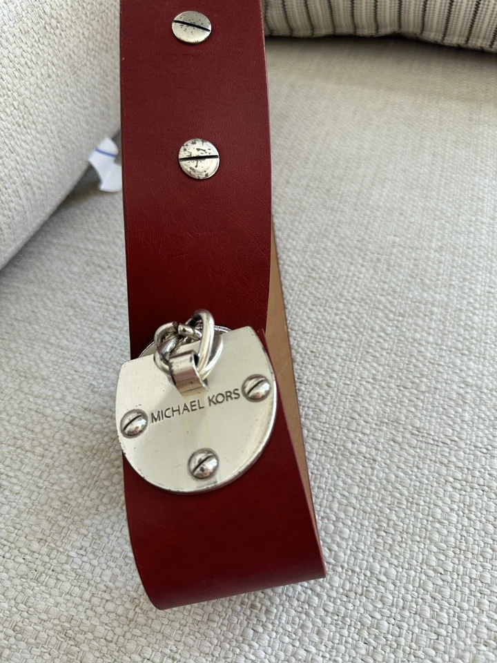 Michael Kors Vintage Red Leather Belt With Silver Gromets Chain Closure S/M - Image 3 of 4