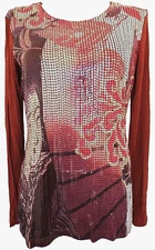 Citron Santa Monica Long Sleeve Blouse M Barn Red Sequin Floral Geisha Asian