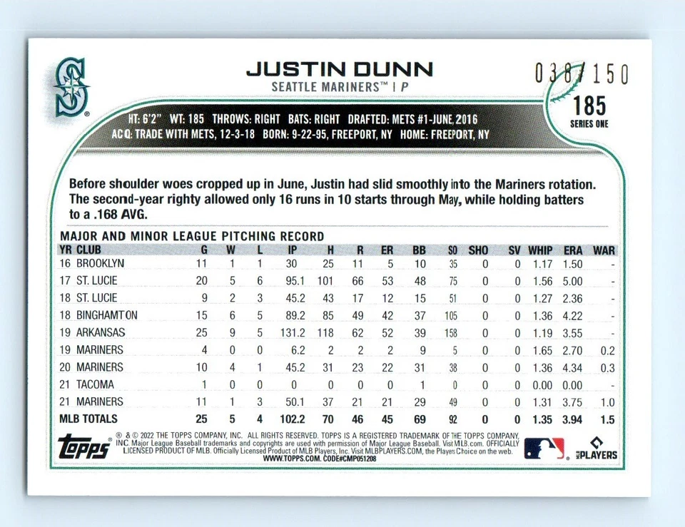 2022 Topps 1st Edition Green Justin Dunn 38/150 Seattle Mariners #185 Serial - Image 2 of 2