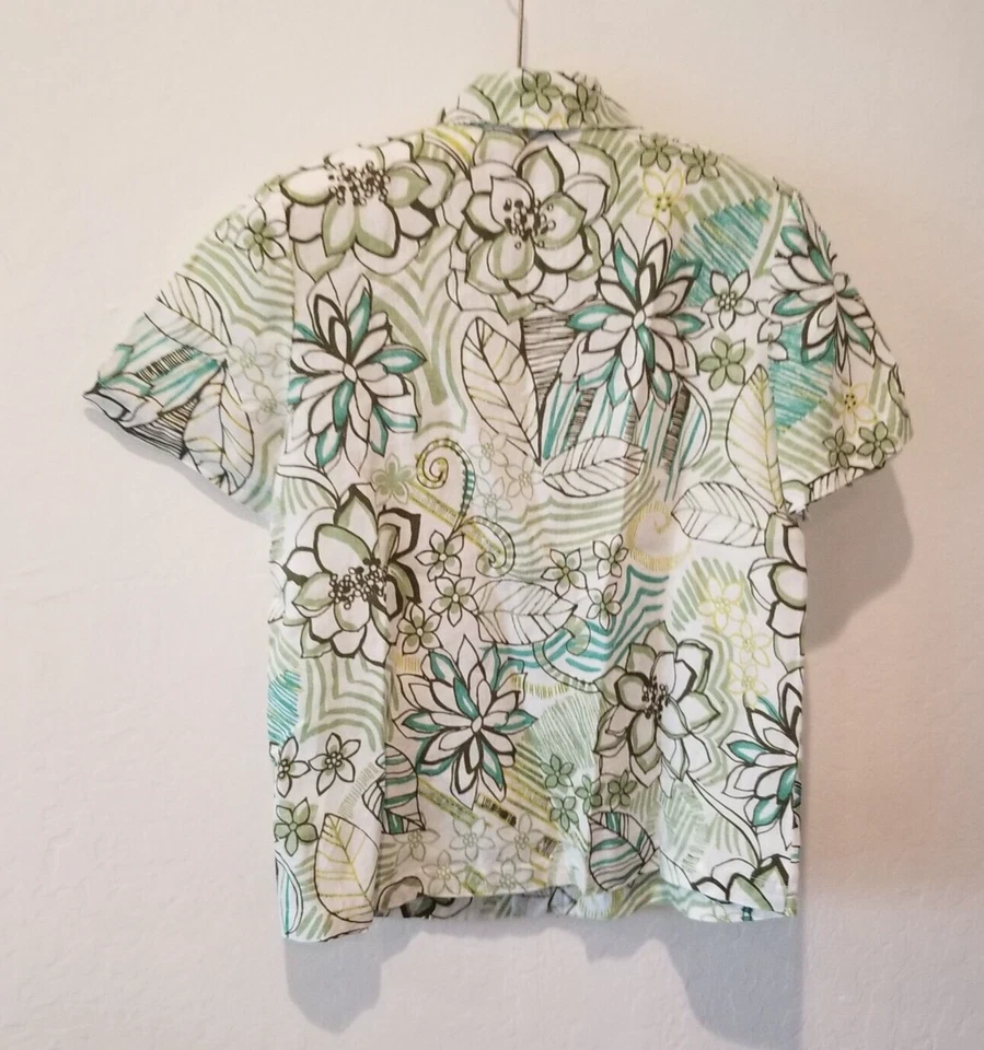 Hot Cotton Linen Shirt Top Womens Petite Medium Floral Leaf Print Hawaiian - Image 2 of 4