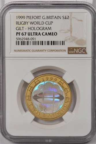 Great Britain 1999 2 Pound NGC Proof 67UC Silver Piefort Rugby World Cup Gilt Ho