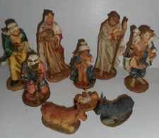 Vintage Nativity Scene Figures 9 Pieces Hand Painted Resin up to 8" H Christmas