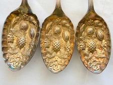 Vintage Gold Washed Repousse Bowl Berry Serving Spoons w/Pineapple 9" Set of 3