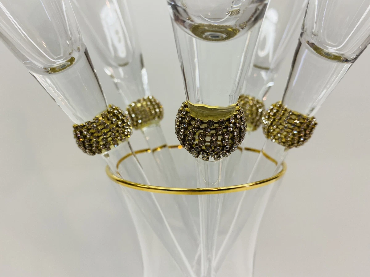 6 Piece Victoria Long Stem Gold Rim Toasting Flutes With Holding Vase