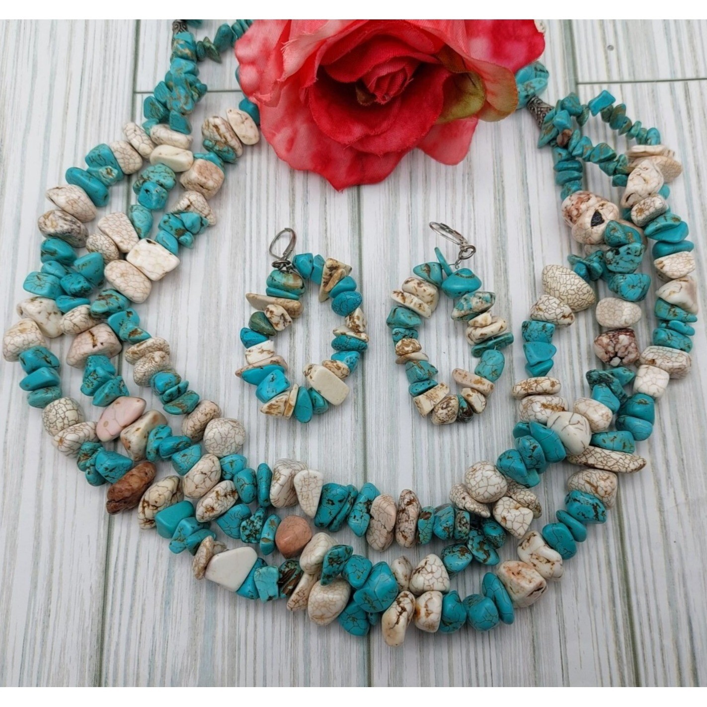 Stone Multi Strand Artisan Statement Necklace & H… - image 1