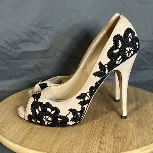 Valentino Garavani Pizzo Peep Toe Pump 7 5 38 Lavanda Camoscio Nero Tacchi Plateau