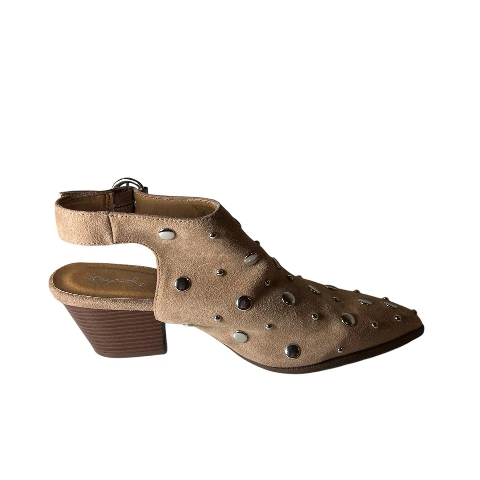 Qupid Taupe Brown Faux Suede Studded Booties Ankle Boot Slingback Block Heel 7.5 - Image 3 of 4