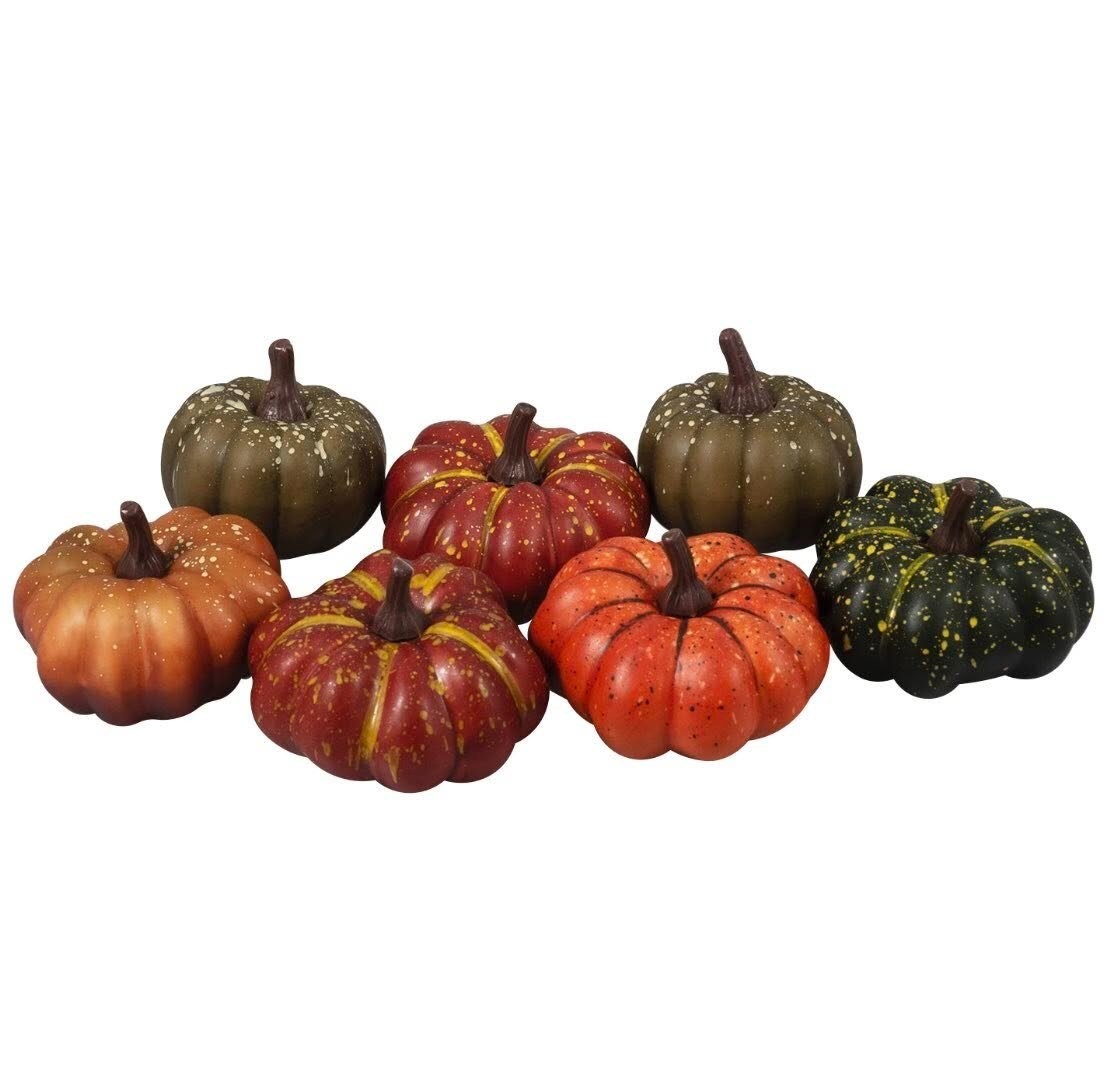 Bag of 7 Assorted Artificial Mini Pumpkin Gourds 6-8cm Green, Orange, Brown