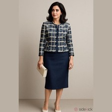 Women's Papell Petite Vintage Silk Blazer Skirt Set 12P Blue Cream