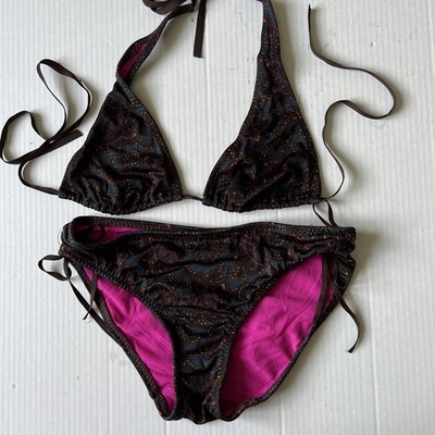Malia Mills Swimsuit 2 Piece Top Sz 34 Bottom Sz 2 Brown Blue Floral VERY GOOD