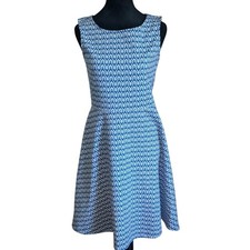 Talbots Blue White Geometric Fit and Flare Dress Sleeveless Split Neck Small