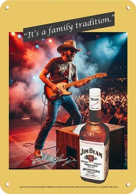 1982 HANK WILLIAMS Jr Concert Art & JIM BEAM Whiskey ''DECORATIVE METAL BAR SIGN''