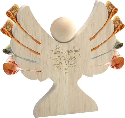 Holzengel mit Gravur zur Taufe Geldgeschenk zur Taufe Kommunion Pass Immer Gu... - Bild 2 von 4