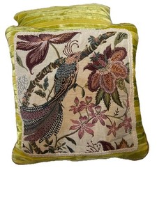 Set Of Two 15”x15”  Vintage Aubusson style Bird Of Paradise Needlepoint Pillows