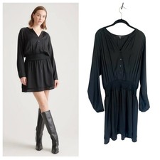 Quince black washable stretch silk satin long sleeve tiered mini dress sz L