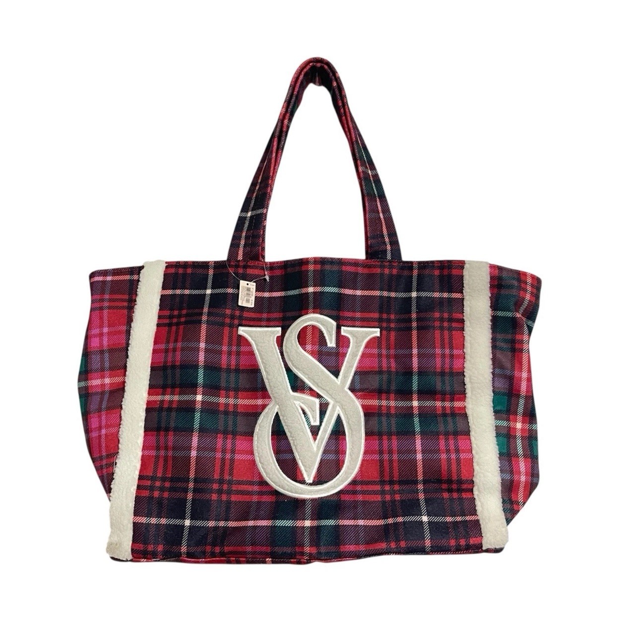 Nwt Victorias Secret Plaid Tote Beach Bag Weekender Fleece Trim Vs Monogram