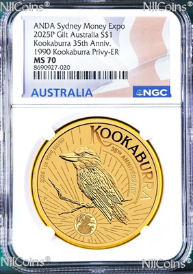 #ad 2025 ANDA Sydney M Expo Kookaburra 1oz .9999 Silver Gilt Coin 1990 Privy MS70ER $229.99