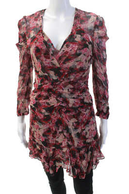 IRO Womens Textured Long Sleeve V-neck Ruched Floral Blouse Red Size M
