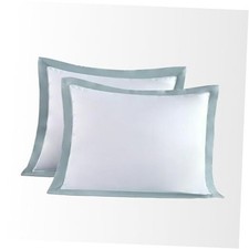  100 Luxury Long-Staple Pillow Sham Pair, Full 20"x26" White  Misty Blue