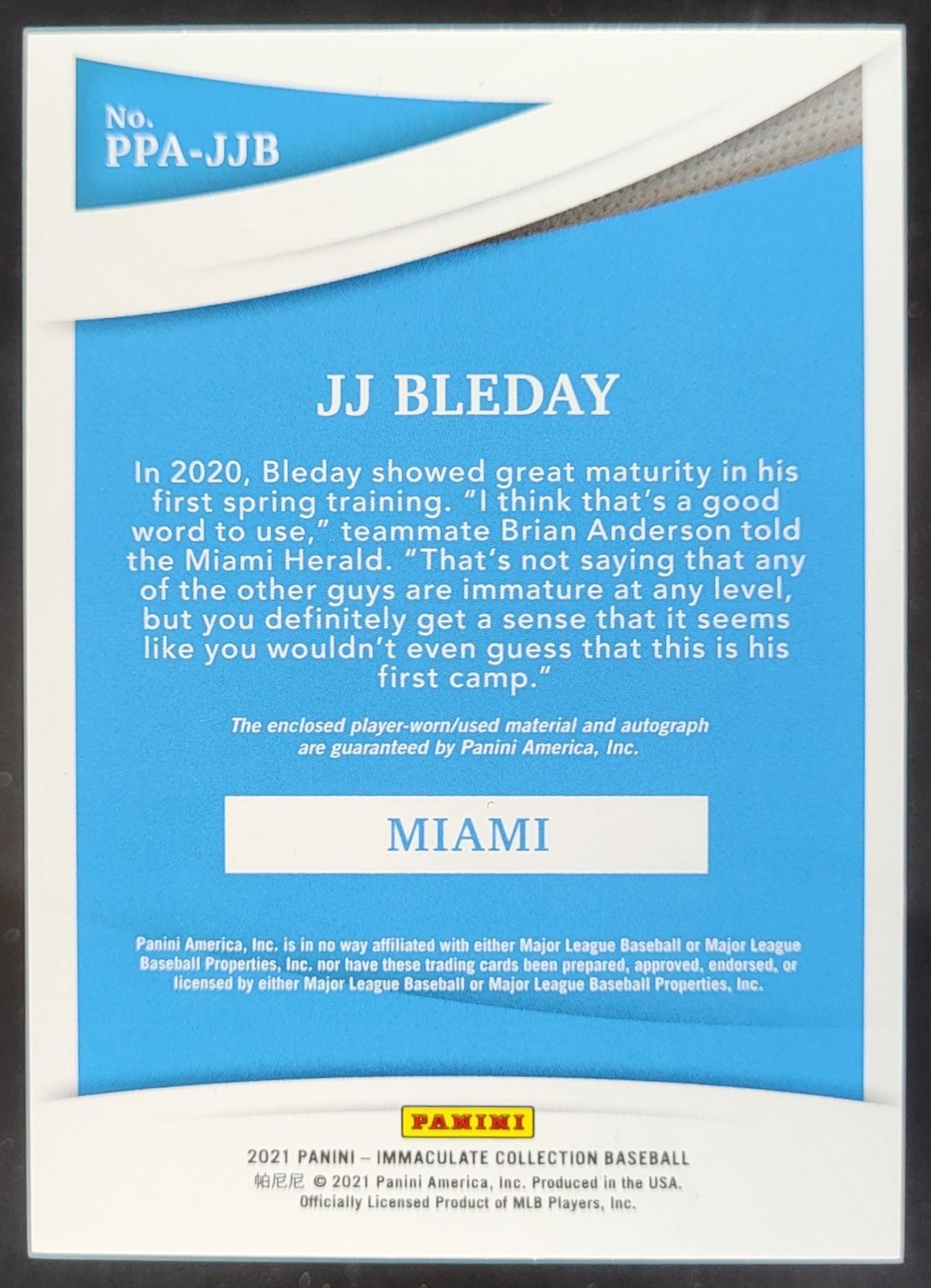 2021 Panini Immaculate JJ Bleday Prospect Patch Auto Holo Silver /25 Marlins LF2 view 2