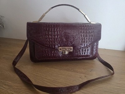 Damen Handtasche, Kastanienbraun, Vintage, Leder mit Croco Print, Guter Zustand!