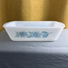 Glasbake Baking Dish Blue Thistle Loaf Pan J-522 Milk Glass 10x5 Vintage