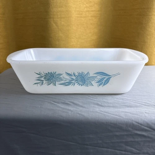 Glasbake Baking Dish Blue Thistle Loaf Pan J-522 Milk Glass 10x5 Vintage