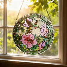 Stained Glass Suncatcher Hummingbird Flower, Round Glass Window Hanging