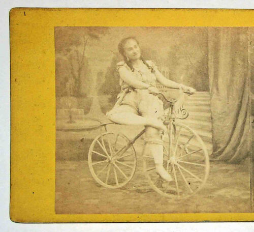 c1867 Yellow Mt STEREOVIEW of Woman on VELOCIPEDE BONESHAKER BICYCLE No. 1 - Picture 2 of 7