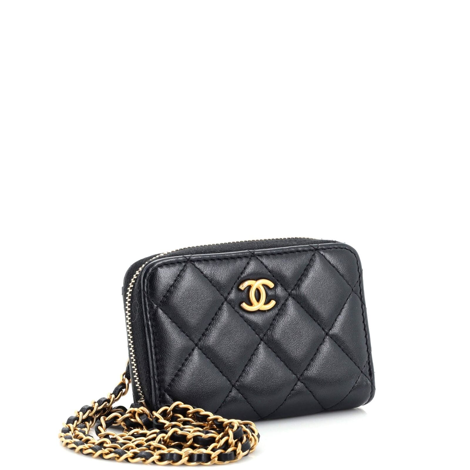 Chanel Pearl Crush Zip Around Card Holder on Chain Quilt Lambskin Black