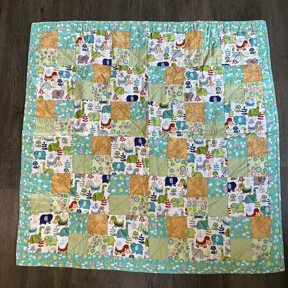 Fun Dinosaur Baby Patchwork Quilted Comforter Blanket Cotton Handmade 37 x 37 - Image 2 of 4