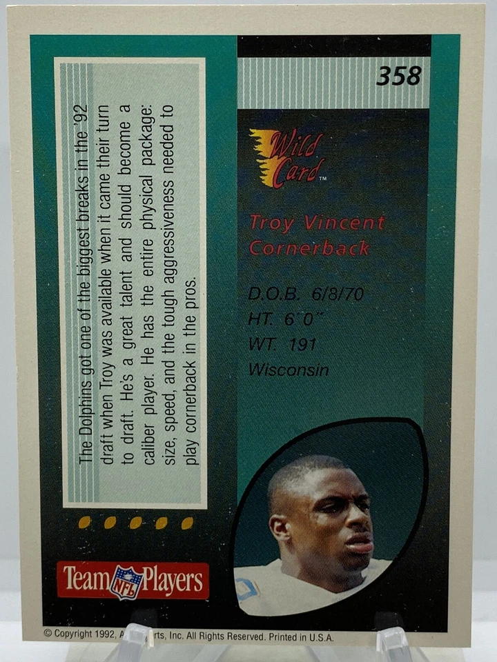 1992 AAA Sports Wild Card Football Troy Vincent #358 Miami Dolphins (db) - Image 2 of 2