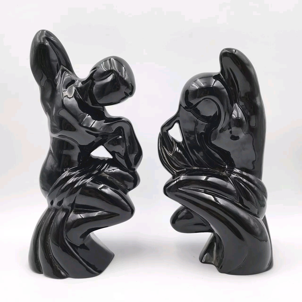 Ceramic Art Deco Glossy Black Mid-Century Modern Man and Woman Statues Set 16 Inch