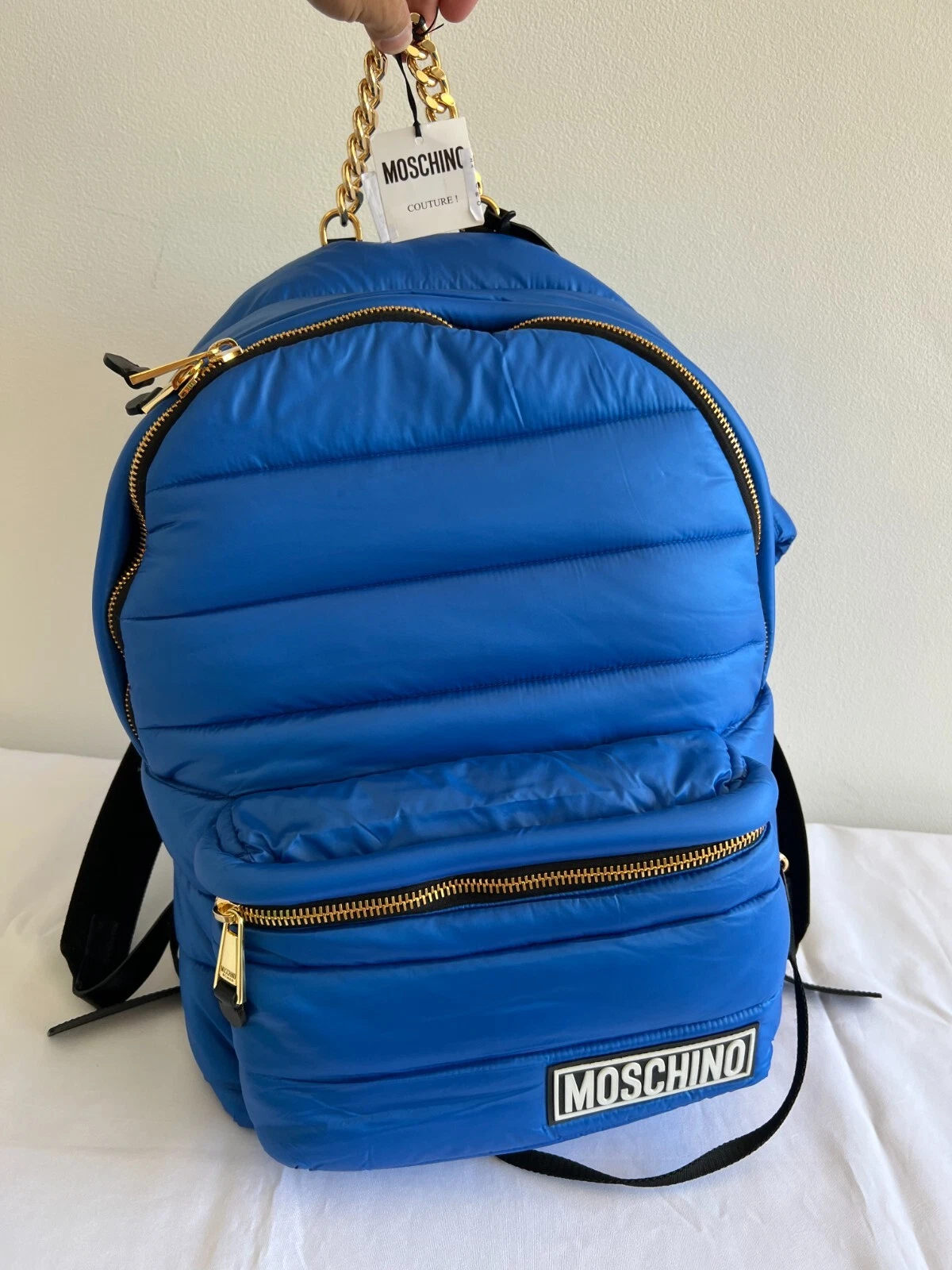 Zaino blu AW20 Moschino Couture Jeremy Scott OVERSIZE con cappuccio attaccato