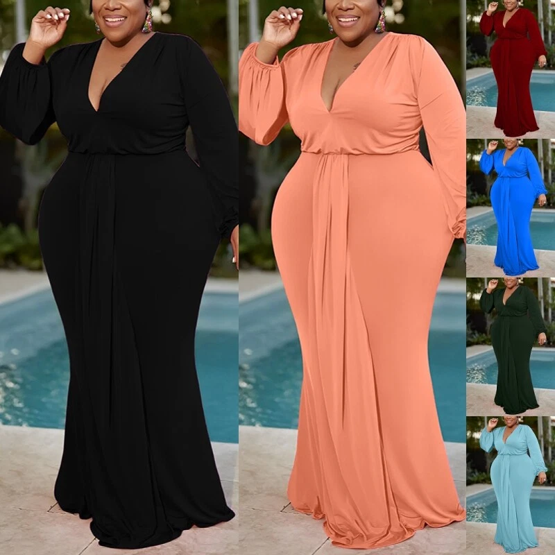 Women Long Dress V Neck Maxi Dresses Ladies Kaftan Holiday Plus Size Ruched