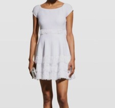  475 Milly Women White Ribbed Fringe-Trim Dress Size L