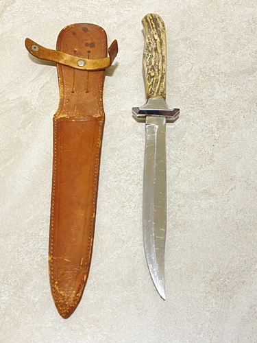 Vintage INOX Bowie Stag Fixed Blade Knife w/Sheath Very Rare & Heavy