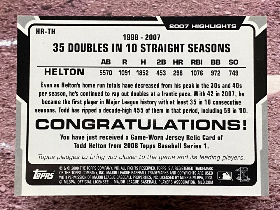 2008 Topps Highlights Relics Jersey Todd Helton #HR-TH - Image 2 of 2