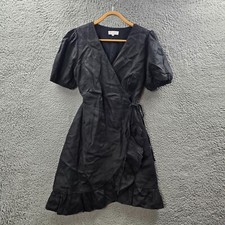 Aere Womens Mini Wrap Dress Size 8 Black Linen Short Sleeve V-Neck