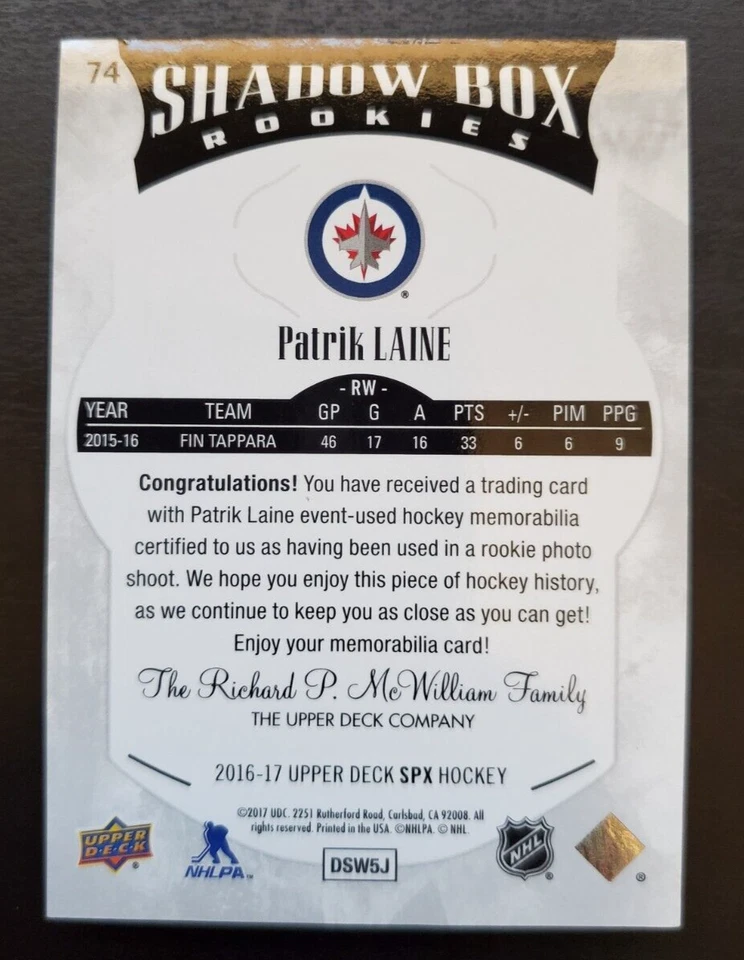 2016-17 SPX Patrik Laine Shadow Box Rookies Red Patch 92/149 #74 Winnipeg Jets - Image 3 of 3
